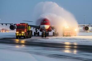 ai generato un' commerciale Jet aereo non può prendere via su un' congelamento inverno sera dovuto per congelamento. salvare squadra Lavorando su il pista di decollo foto