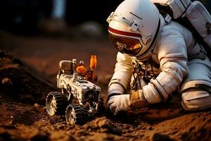 ai generato un astronauta nel un' bianca completo da uomo prende suolo campioni su il pianeta Marte foto