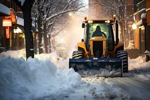 ai generato neve rimozione attrezzatura cancella strade di neve dopo un' neve tempesta foto