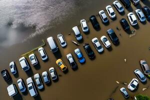 ai generato macchine nel il parcheggio lotto siamo nel acqua dovuto per allagamento. aereo Visualizza foto