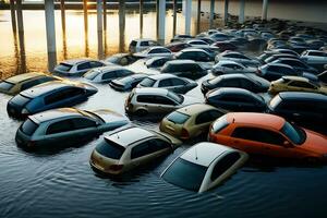 ai generato macchine nel il parcheggio lotto siamo nel acqua dovuto per allagamento. aereo Visualizza foto