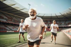 ai generato un' gruppo di anziano uomini con grigio capelli nel abbigliamento sportivo correre attraverso il stadio nel soleggiato tempo metereologico foto