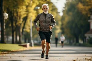 ai generato un anziano uomo nel il parco mentre jogging nel soleggiato tempo metereologico foto