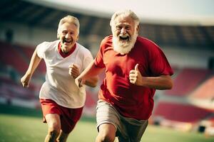 ai generato Due anziano uomini con grigio capelli nel abbigliamento sportivo correre attraverso il stadio nel soleggiato tempo metereologico foto