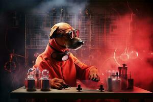ai generato cane scienziato nel un' rosso protettivo completo da uomo e bicchieri nel il laboratorio fare vario esperimenti foto