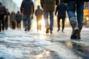 ai generato un' folla di persone passeggiate lungo un' nevoso città strada. cattivo tempo metereologico concetto nel inverno foto