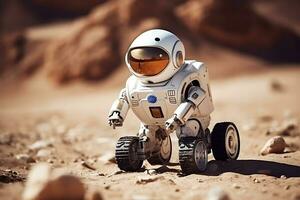 ai generato un' umanoide robot su ruote esplora il superficie di il pianeta Marte foto