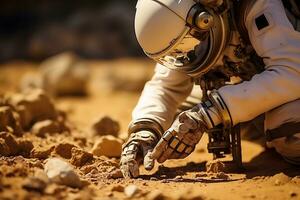 ai generato un' umanoide robot prende suolo campioni su il pianeta Marte foto