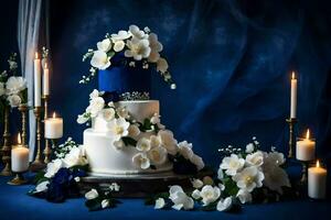 ai generato un' blu e bianca nozze torta con fiori foto