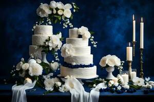 ai generato un' nozze torta con bianca fiori e blu nastro foto