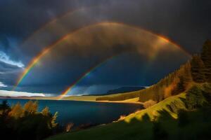 ai generato un' arcobaleno appare al di sopra di un' lago e foresta foto