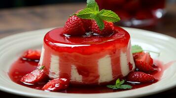 ai generato fragola panna cotta dolce con fresco fragole e menta. appetitoso panna cotta con rosso fragole su un' bianca piatto, avvicinamento su sfocato sfondo. foto