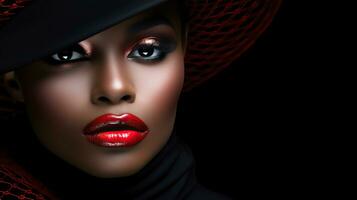 ai generato bellissimo africano americano donna con rosso labbra e cappello. bellissimo trucco avvicinamento. foto