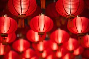 ai generato righe di vivace rosso lanterna decorazione per Cinese nuovo anno Festival. generativo ai foto