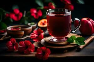 ai generato il tè tazza con rosso fiori e le foglie su il tavolo foto