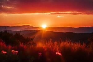 ai generato il sole imposta al di sopra di un' montagna gamma con fiori nel il primo piano foto