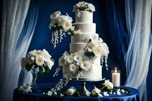 ai generato un' nozze torta con bianca fiori su blu tovaglia foto