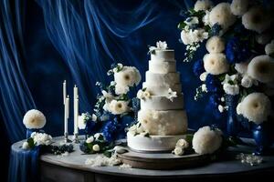 ai generato un' nozze torta è decorato con blu fiori foto