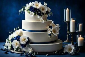 ai generato un' tre stanco nozze torta con blu e bianca fiori foto