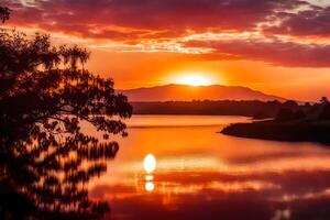 ai generato il sole imposta al di sopra di un' lago con alberi e montagne nel il sfondo foto