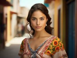 ai generato latino americano, messicano ragazza nel un' nazionale costume su il strada di un' latino americano città su soleggiato giorno. nazionale Festival. fotorealistico, sfondo con bokeh effetto. ai generato. foto