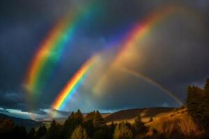 ai generato un' arcobaleno appare al di sopra di un' montagna gamma con alberi foto