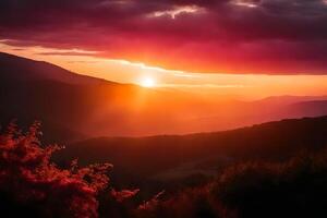 ai generato tramonto al di sopra di il montagne foto