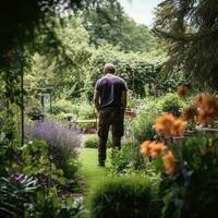 ai generato giardiniere ammirazione loro giardino, in piedi tra fioritura fiori e lussureggiante verdura foto