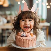 ai generato un adorabile bambino piccolo indossare un' festa cappello e Tenere un' fetta di torta foto