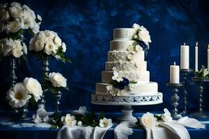 ai generato un' nozze torta è su un' blu tavolo con bianca fiori foto