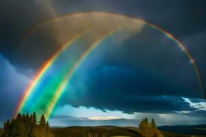 ai generato un' Doppio arcobaleno è visto al di sopra di un' campo con alberi foto