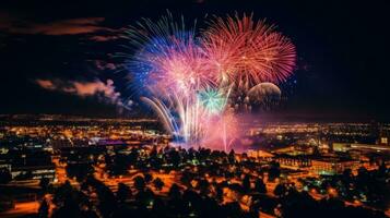 ai generato come il orologio scioperi mezzanotte, fuochi d'artificio illuminare il notte cielo, pittura esso con scoppia di colore foto