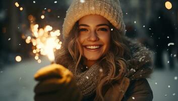 ai generato indie film di un' luminosa sparkler donna nel inverno capi di abbigliamento Tenere un' sparkler foto