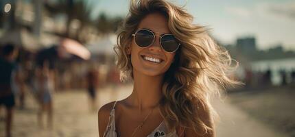 ai generato contento giovane donna con occhiali da sole su il spiaggia foto