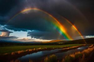 ai generato un' arcobaleno appare al di sopra di un' campo con acqua e erba foto