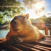 ai generato un' rilassante foto di un' capibara crogiolarsi nel il sole, godendo un' pigro pomeriggio