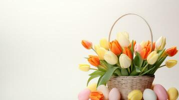 ai generato un Pasqua cestino pieno con uova e circondato di fioritura tulipani, con abbondanza di copia spazio foto
