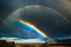 ai generato un' arcobaleno appare al di sopra di un' campo con alberi e colline foto