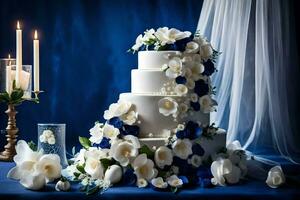 ai generato un' nozze torta con blu e bianca fiori foto