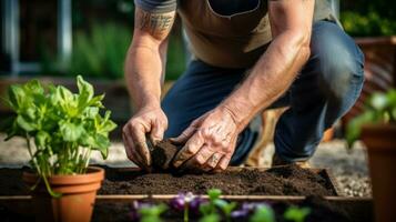 ai generato giardiniere in ginocchio nel davanti di un' sollevato giardino letto, piantare semi foto