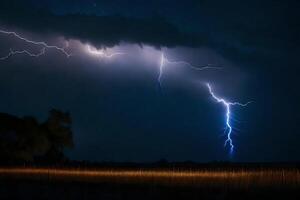 ai generato fulmine scioperi al di sopra di un' campo a notte foto