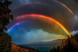 ai generato un' arcobaleno al di sopra di un' lago e alberi foto