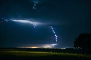 ai generato fulmine scioperi al di sopra di un' campo a notte foto