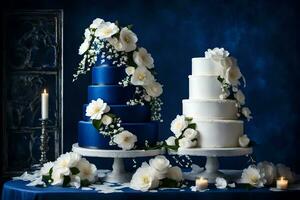 ai generato tre nozze torte con blu e bianca fiori foto