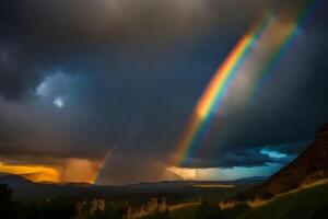 ai generato un' arcobaleno appare al di sopra di un' montagna gamma con un' tempesta nel il sfondo foto