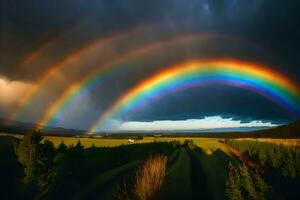 ai generato un' arcobaleno appare al di sopra di un' campo con alberi e un' buio cielo foto