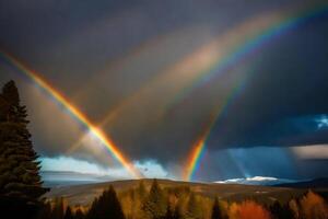 ai generato un' arcobaleno al di sopra di un' montagna gamma con alberi e alberi foto