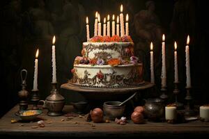 ai generato compleanno torta con candele e luci decorazione su sfocato sfondo, ai generato foto