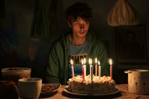 ai generato compleanno torta con candele e luci decorazione su sfocato sfondo, ai generato foto
