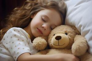 ai generato dolce poco ragazza pacificamente addormentato con sua orsacchiotto orso, incarnando il serenità di dormire giorno foto